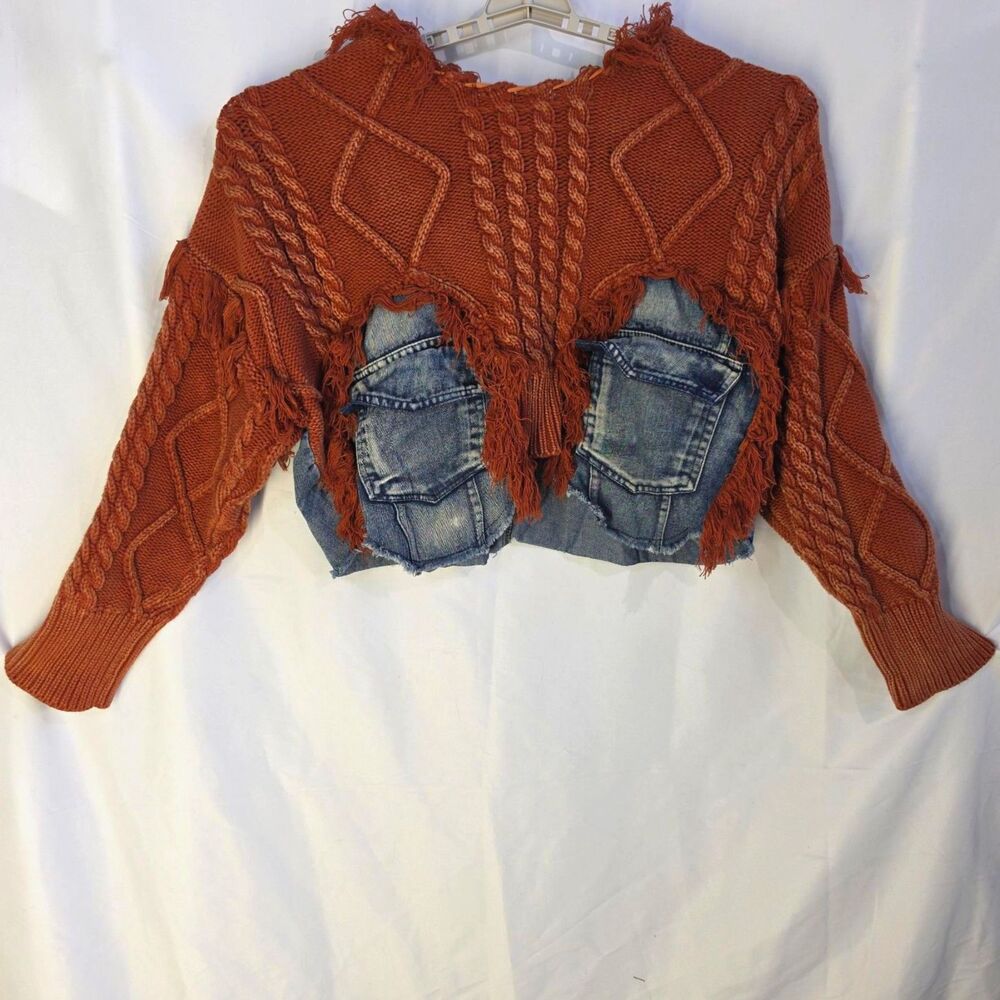 Upcycled Denim Cable Knit Patchwork Crop Sweater Rust Orange Fringed Boho OOAK